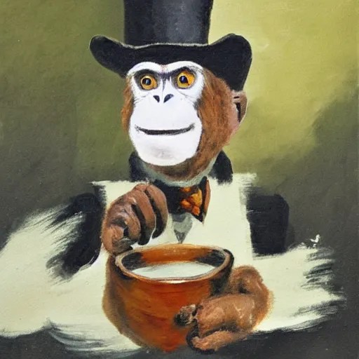 a monkey wearing a monocle and a top hat drinking tea, Stable Diffusion