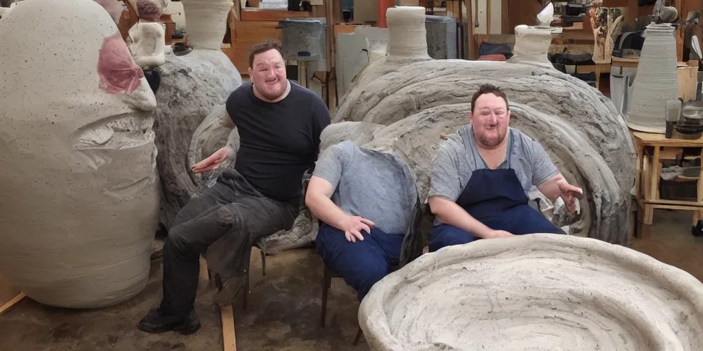 johnny vegas sitting making a very large clay teapot, Stable Diffusion