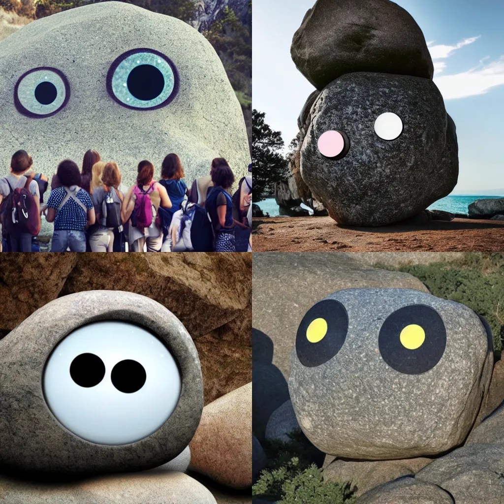 a giant rock with googly eyes staring down at a group Stable