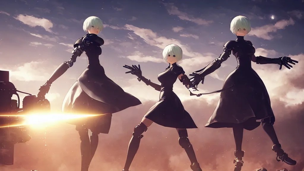 2 b nier automata fighting a robot, art by moebius, Stable Diffusion