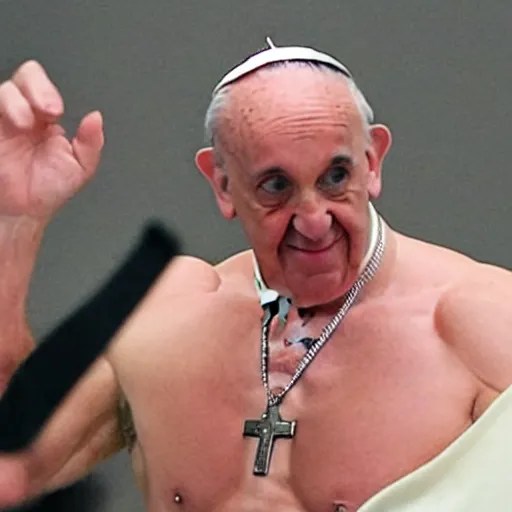 a very muscular Pope Francis is flexing in a gym, Stable Diffusion