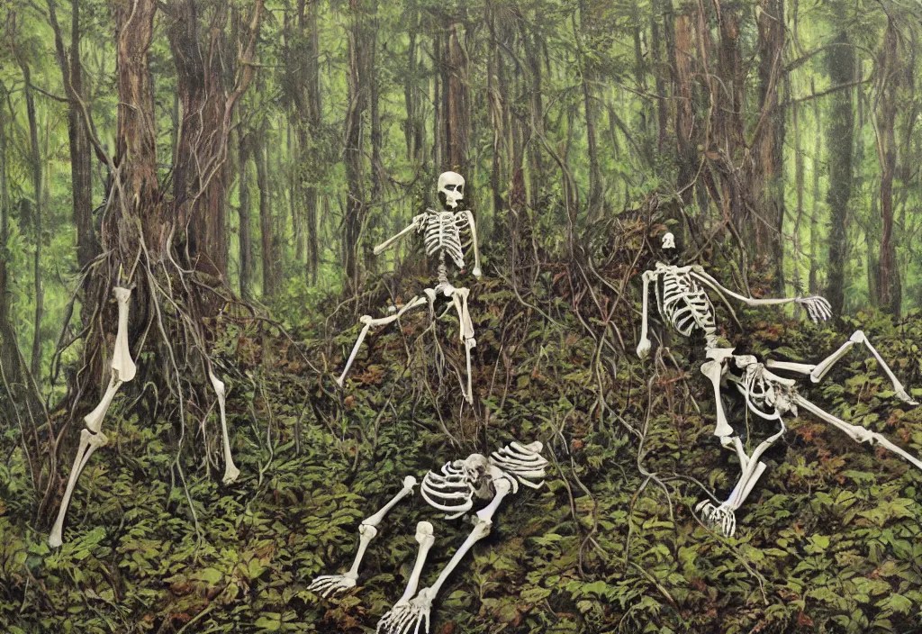 skeleton protruding from the earth in a dense forrest, Stable