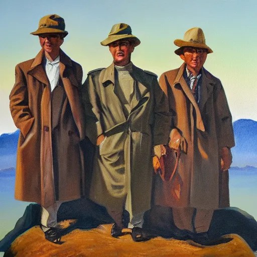 three cayotes in a trench coat, oil painting Stable Diffusion OpenArt