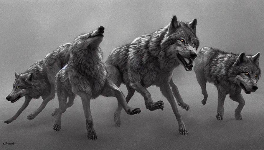 pack of wolves running away from big mechs in style of Stable Diffusion