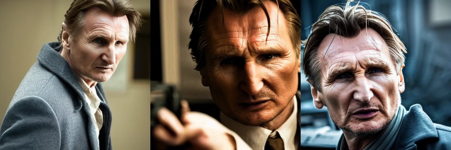 closeup of Liam Neeson as a detective in a movie Stable Diffusion