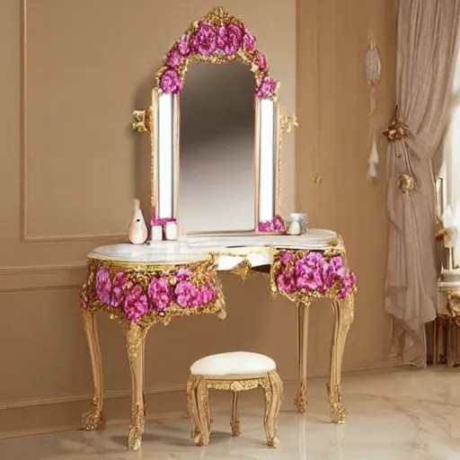 beautiful luxurious baroque vanity mirror covered in Stable Diffusion