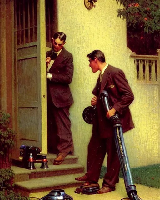 handsome man selling vacuum cleaners door to door in a Stable