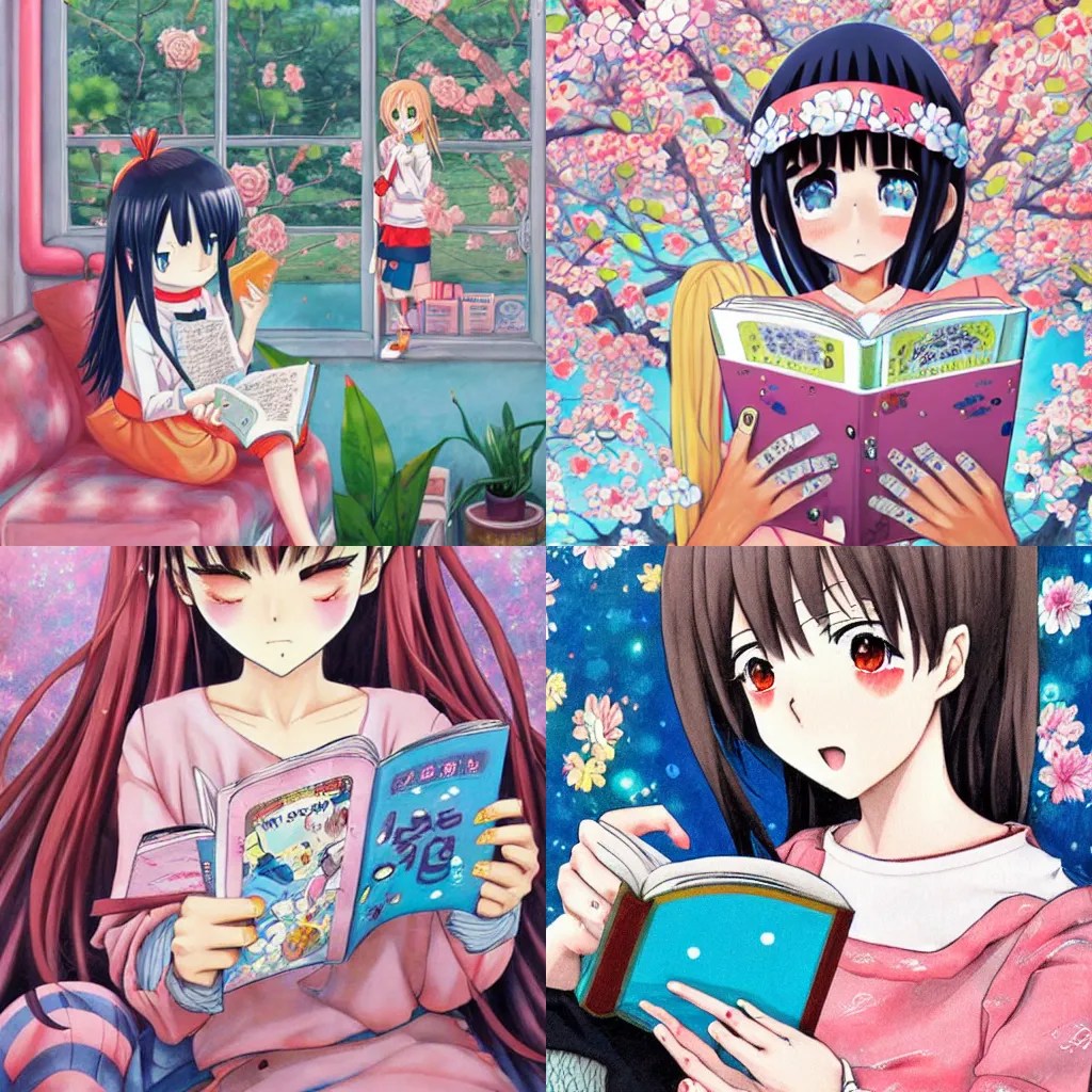 anime girl reading manga by Hikari Shimoda Stable Diffusion(02)