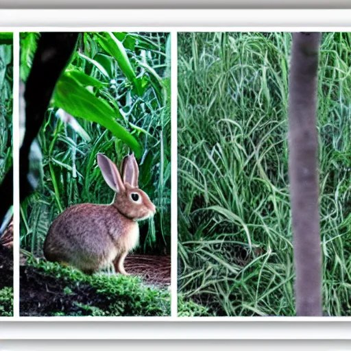 rabbit run across jungle. film strip. 4 frames. Stable Diffusion