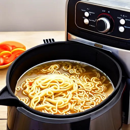 Cooking ramen noodle soup in an airfryer, photo, Stable Diffusion