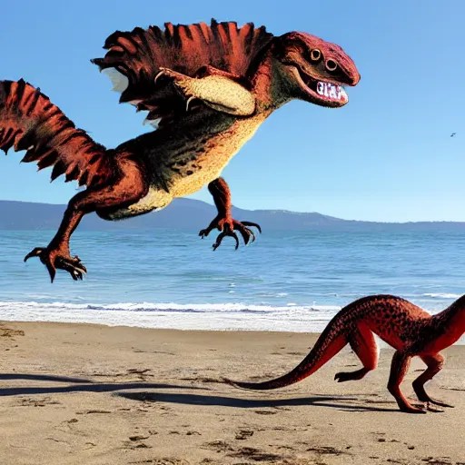 velociraptors chasing people on the beach in california Stable