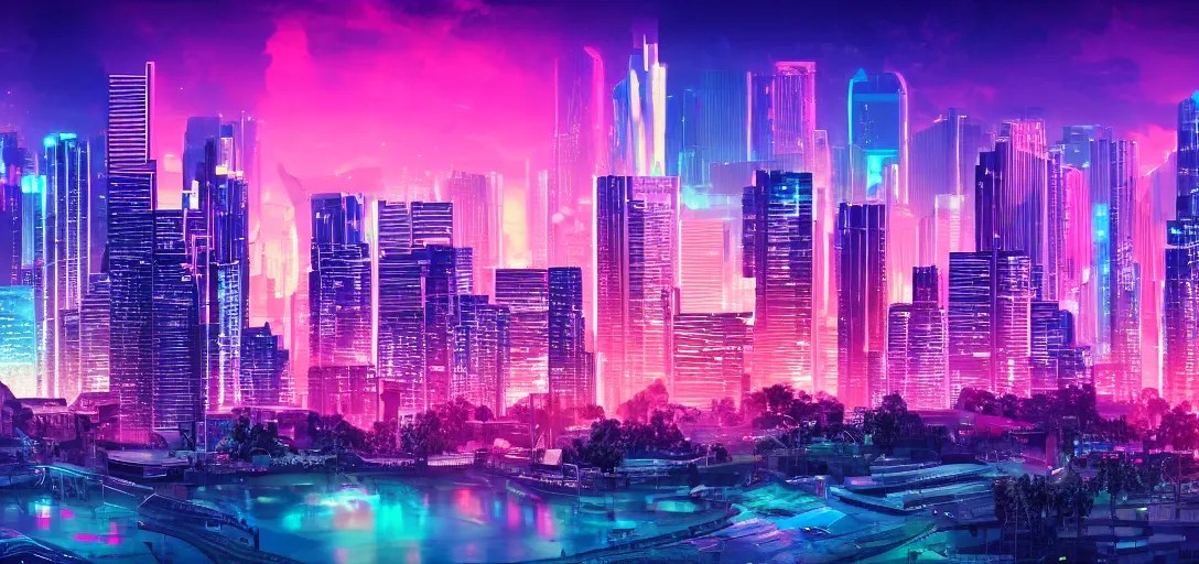 synthwave, cityscape, realistic, 8k, high detail, 10 Stable Diffusion