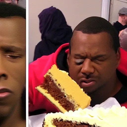 angry black guy wearing ski mask throws slice of cake Stable