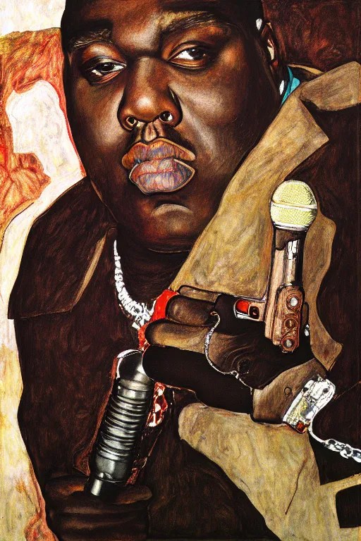 a portrait of biggie smalls holding a mic in a hand by Stable