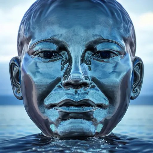 a giant water sculpture of a human head, on the ocean Stable