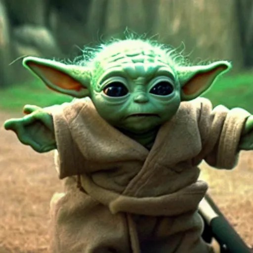 a film still of baby yoda's kid riding a wagon to get Stable