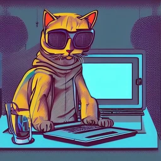 cat in hoodie and glasses sits at the laptop, digital Stable Diffusion OpenArt