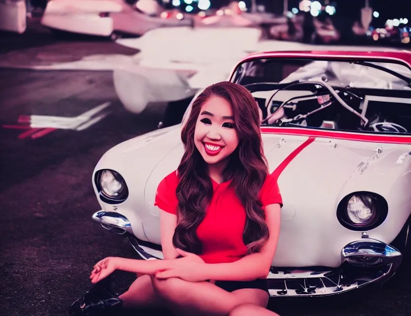 twitch streamer Pokimane as a 1960s race car driver, Stable Diffusion