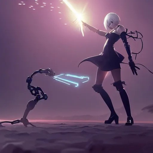 2 b nier automata fighting a robot, art by moebius, Stable Diffusion