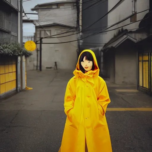 anime girl wearing massive yellow raincoat, face Stable Diffusion