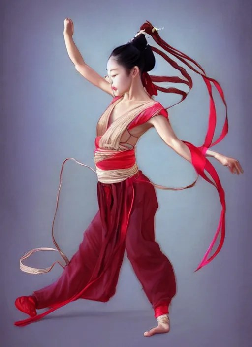 full body portrait of a dancer throwing silk belts, Stable Diffusion