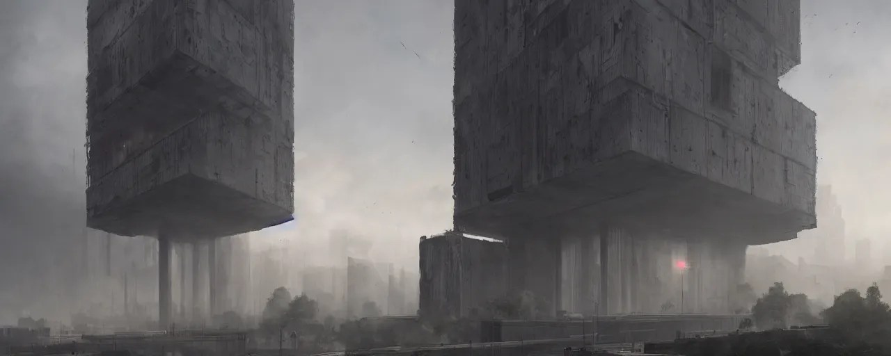 brutalist architecture, metal, concrete, mist, night, Stable Diffusion