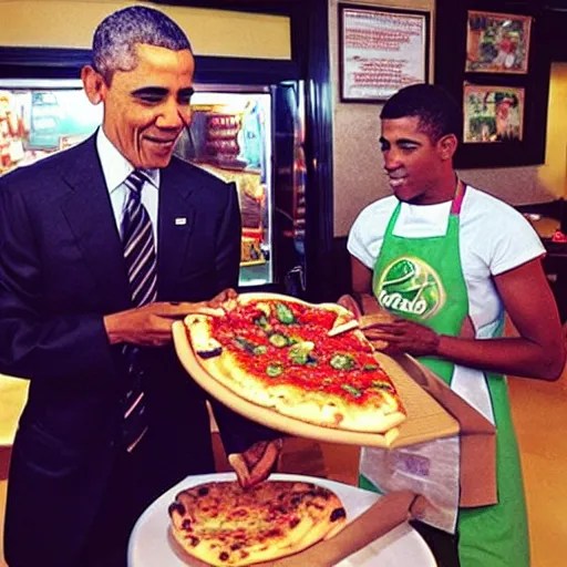 diorama of barack obama serving pizza at an olive Stable Diffusion
