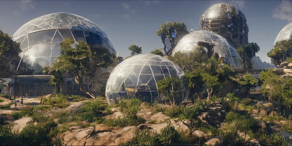 arcology oasis transparent dome. unreal engine, Stable Diffusion
