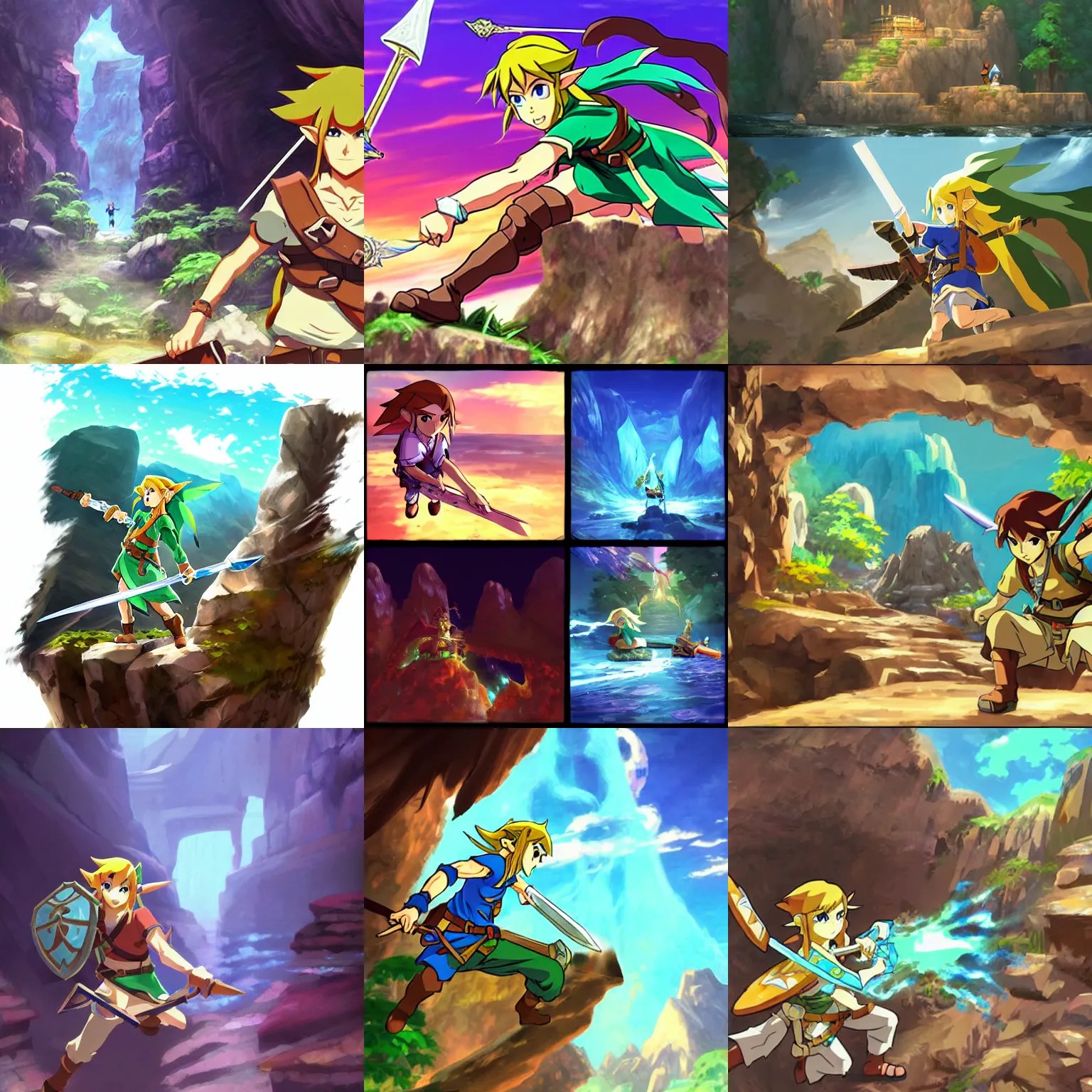 link opening treasure chest in a cave, legend of Stable Diffusion