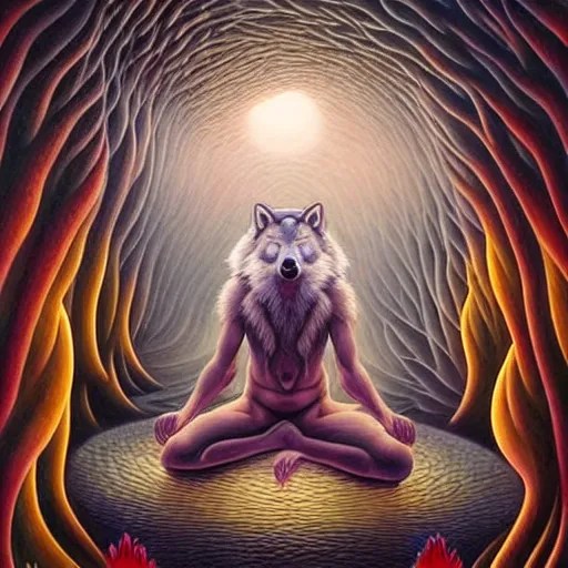 a wolf! dressed like a shaolin monk meditating in a Stable Diffusion