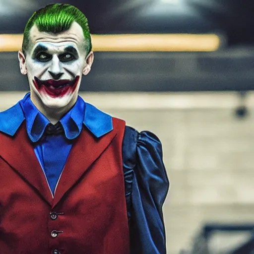 Nikola Jokic as the joker, still from the Batman film Stable Diffusion