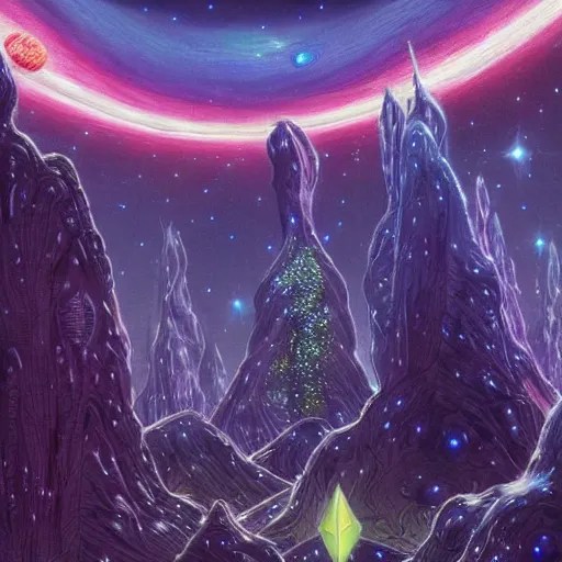 a futuristic crystal city with elves. the milky way is Stable