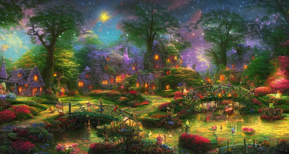 a whimsical fairyland with a pond, starry sky, ambient Stable Diffusion OpenArt