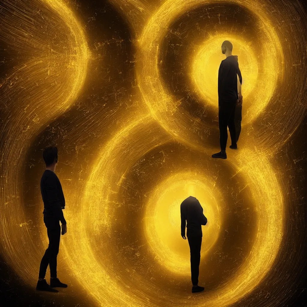 “a first human standing looking at a mirror through a Stable