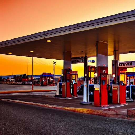 A gas station in Nevada, sunset time, realistic Stable Diffusion
