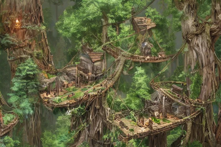 a concealed wood elf village suspended high up in the Stable Diffusion