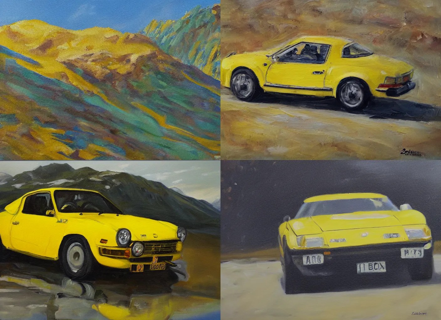 an oil painting of a yellow alpine, zoomed out A110 Stable Diffusion