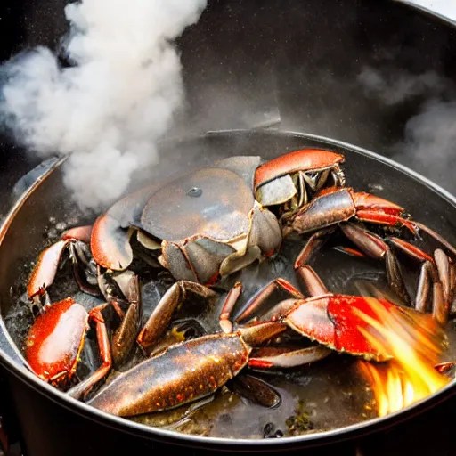 crabs boiling in pot on propane burner, lots of steam Stable