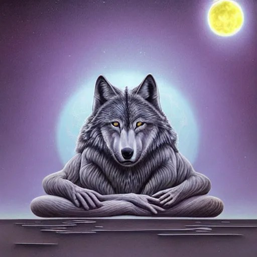 an anthromorphic wolf meditating in a zen garden with Stable Diffusion