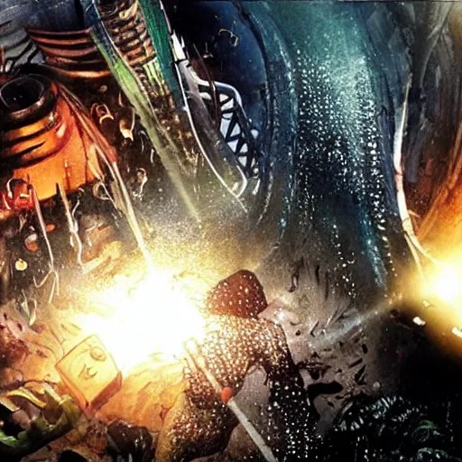 Aquaman getting crushed in a trash compactor, movie, Stable Diffusion