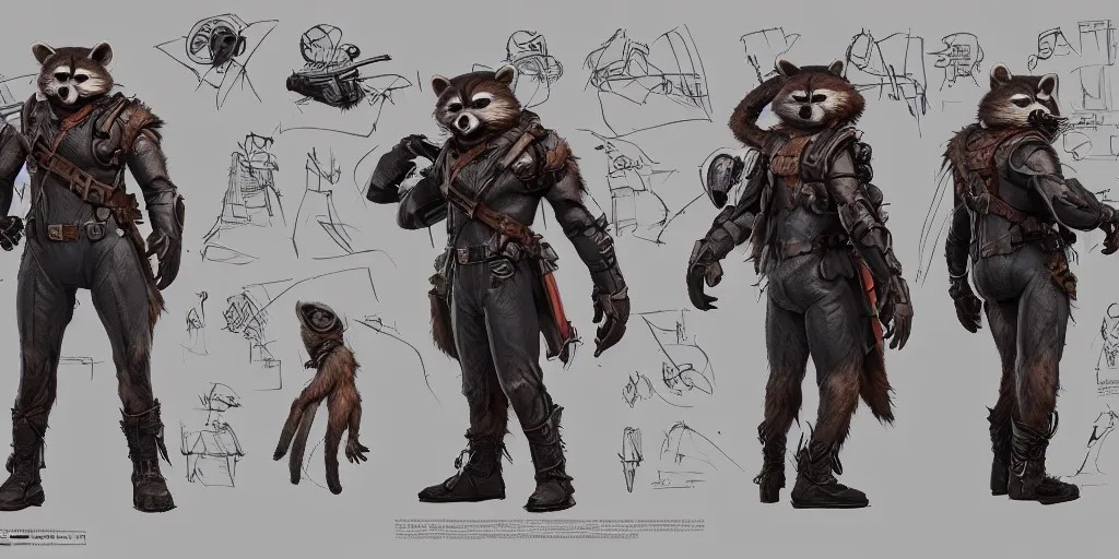 rocket raccoon, character sheet, concept design, Stable Diffusion