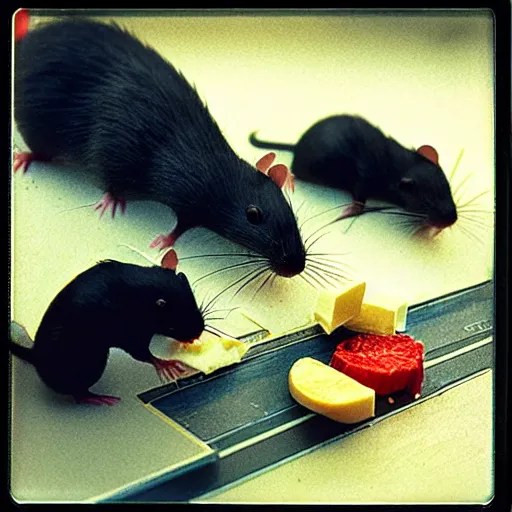 “three rats eating cheese and melon pieces on cocktail Stable