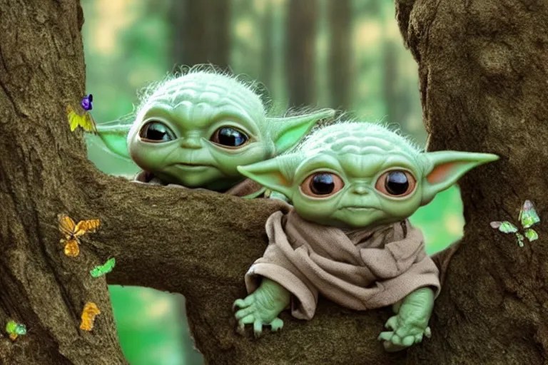 an extremely cute 'Baby Yoda' sits on a lichen covered Stable