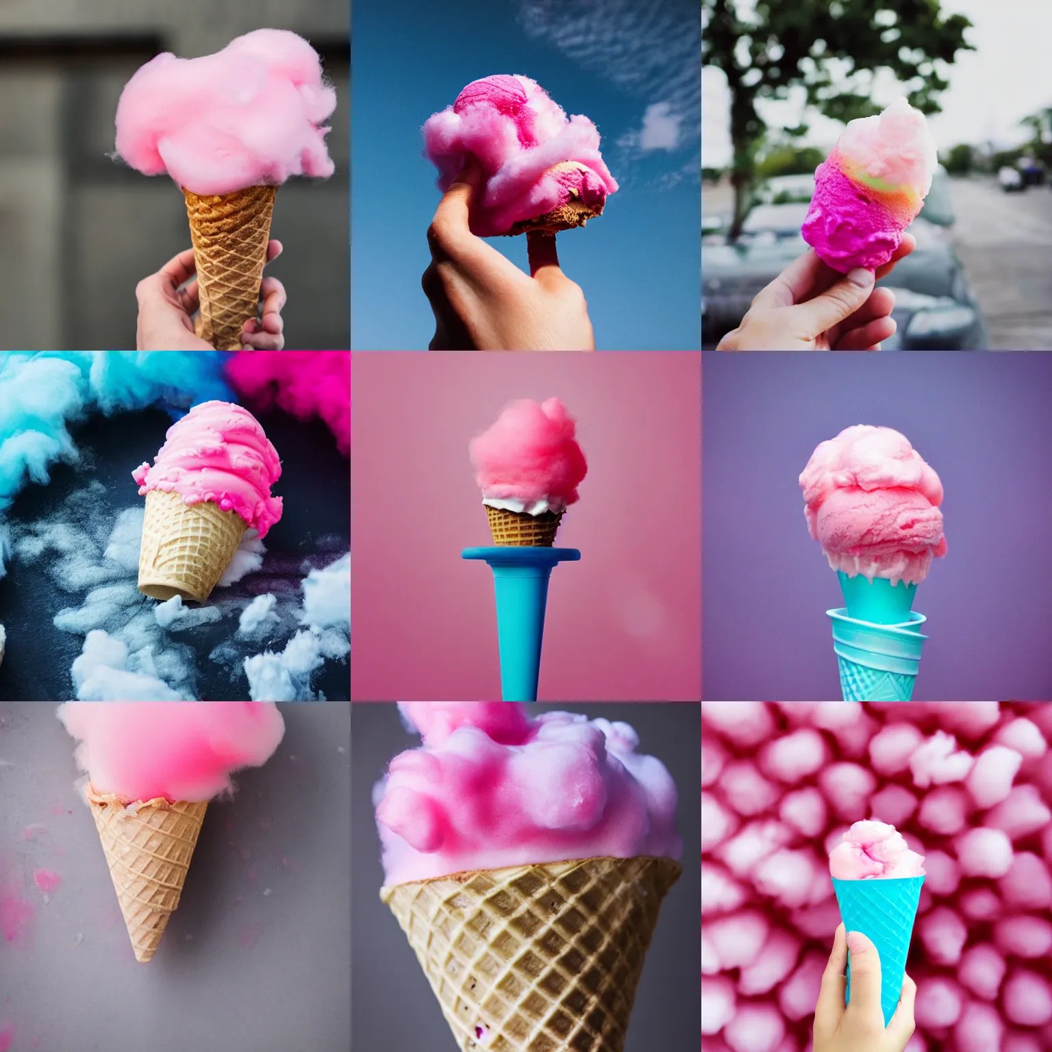 cotton candy in an ice cream cone, professional photo Stable