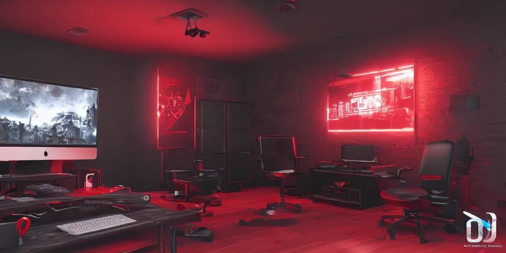 black and red room gaming setup 3 d model, unreal Stable Diffusion