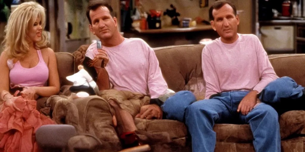 Kelly Bundy sitting next to Al Bundy on the couch, Stable Diffusion