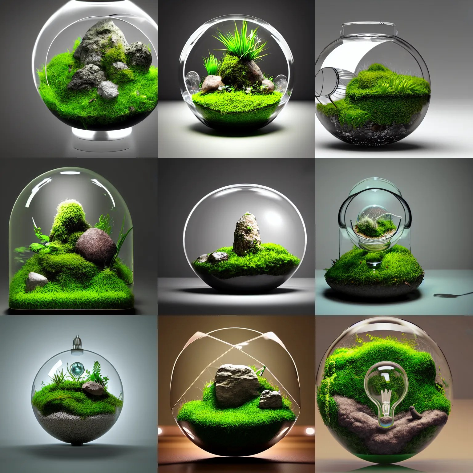 terrarium on display, moss, light bulb, Stable Diffusion