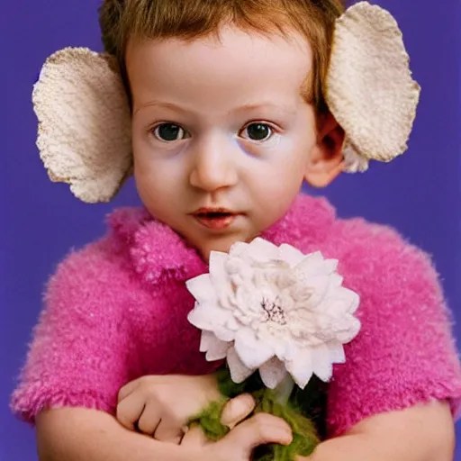 Portrait photo of a baby Mark Zuckerberg with flower, Stable