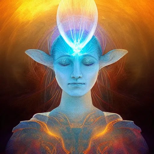 elven spirit meditating in space, halo, light shafts, Stable