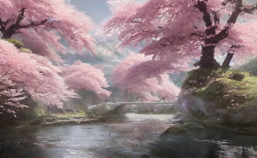japanese cherry blossom trees by a river, fantasy Stable Diffusion